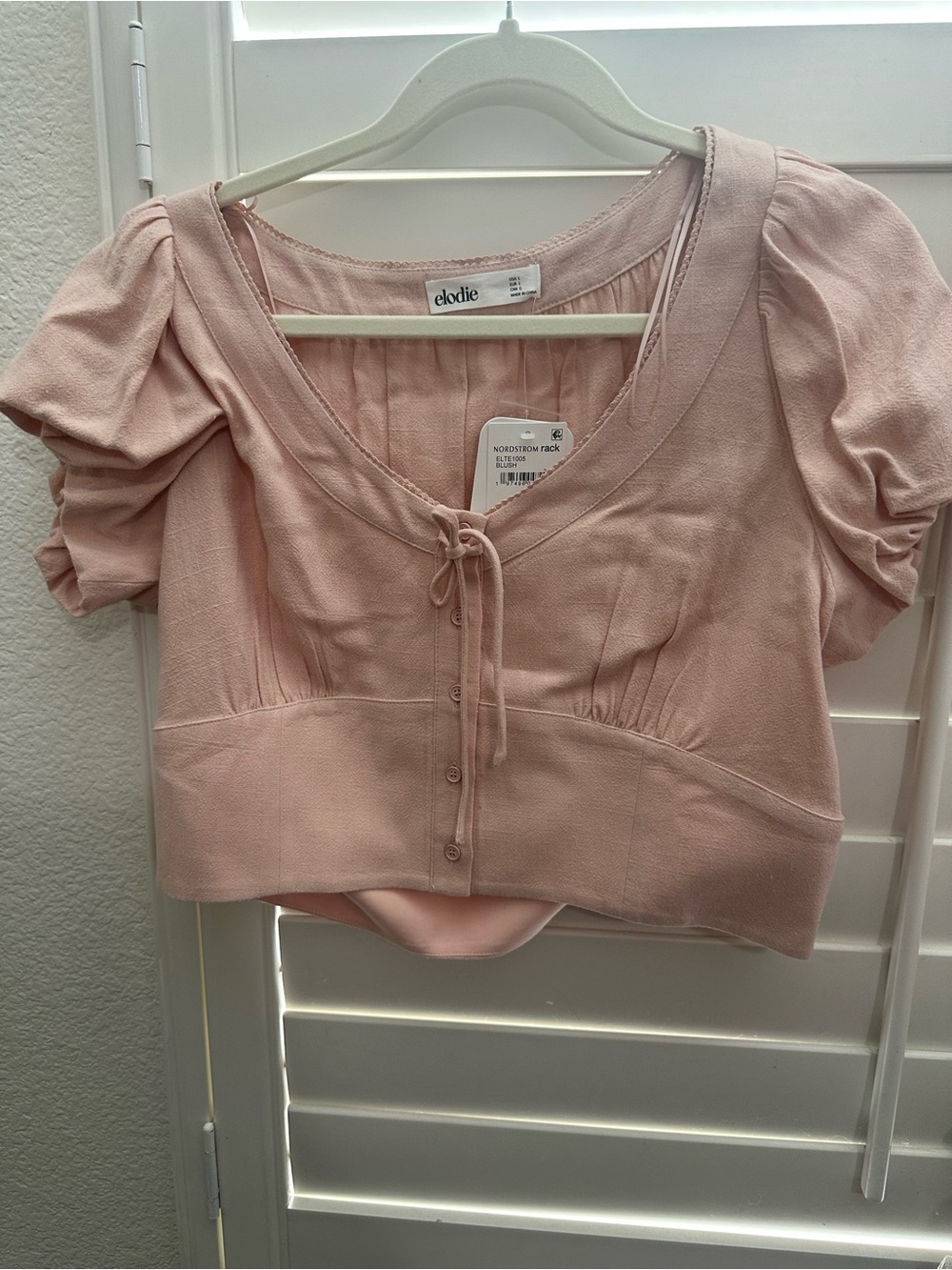 Elodie Blush Pink Puff Sleeve Tie-Front Cropped Top